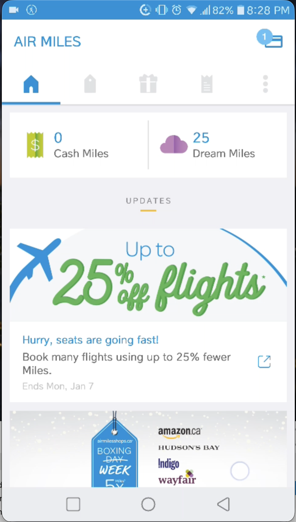 The Air Miles home feed with miles balance and offers