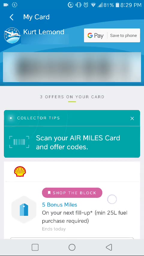 Saving the digital Air Miles card to Google Pay from the app