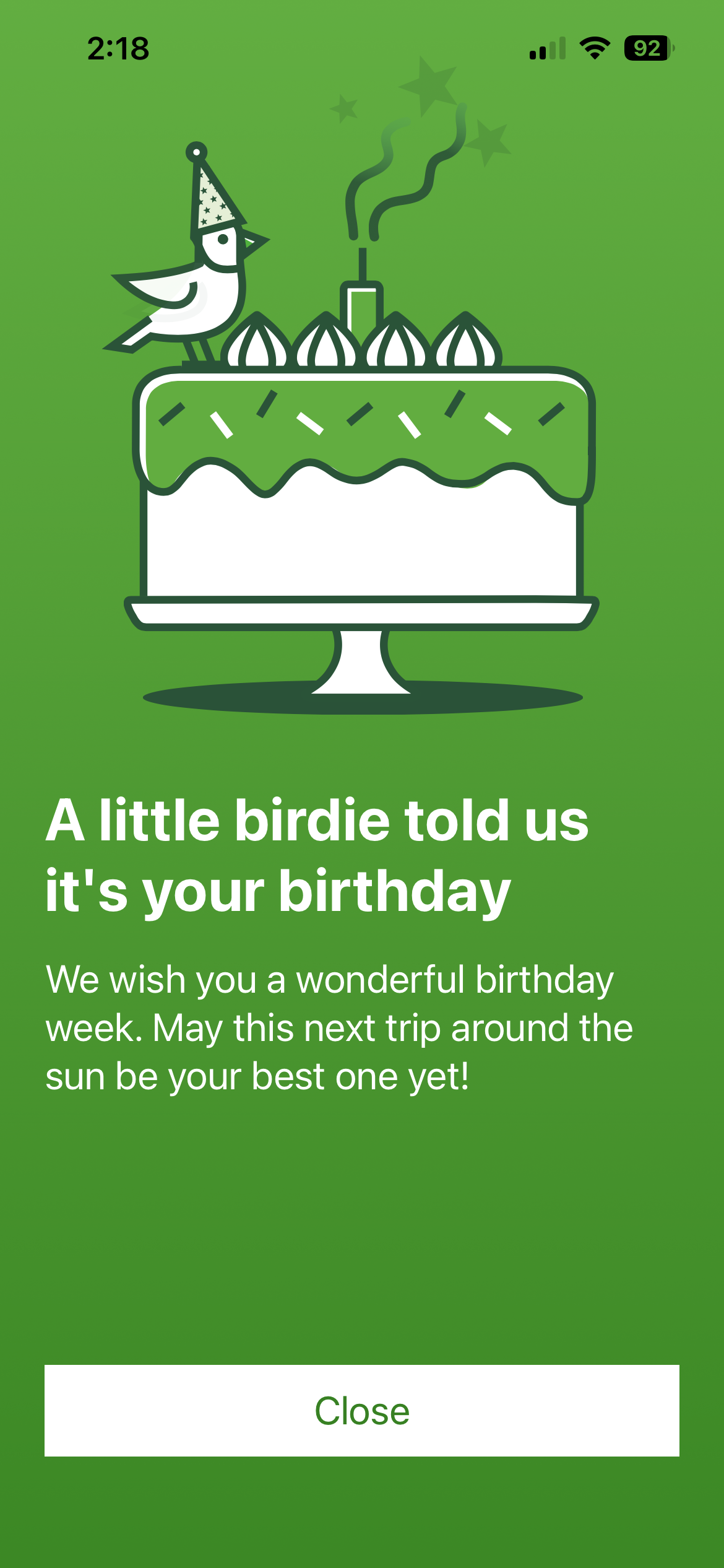 The Birthday Greeting, a full-screen green card with a bird on a birthday cake and a Close button