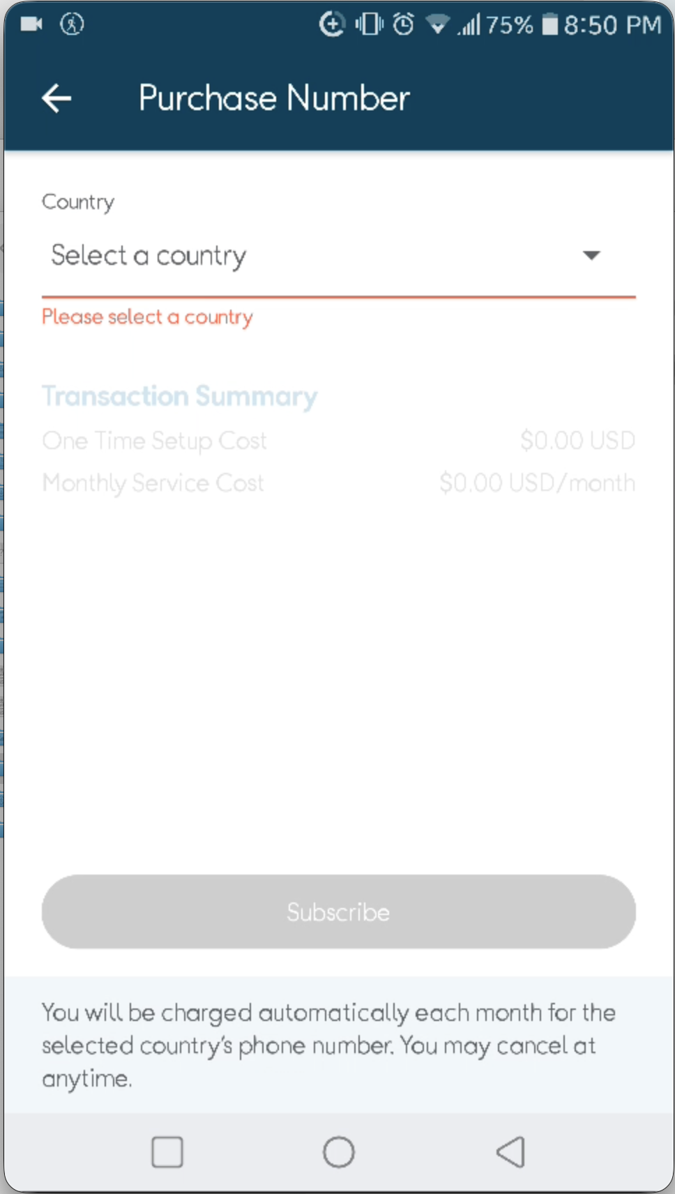 The purchase-a-number screen with a country selector
