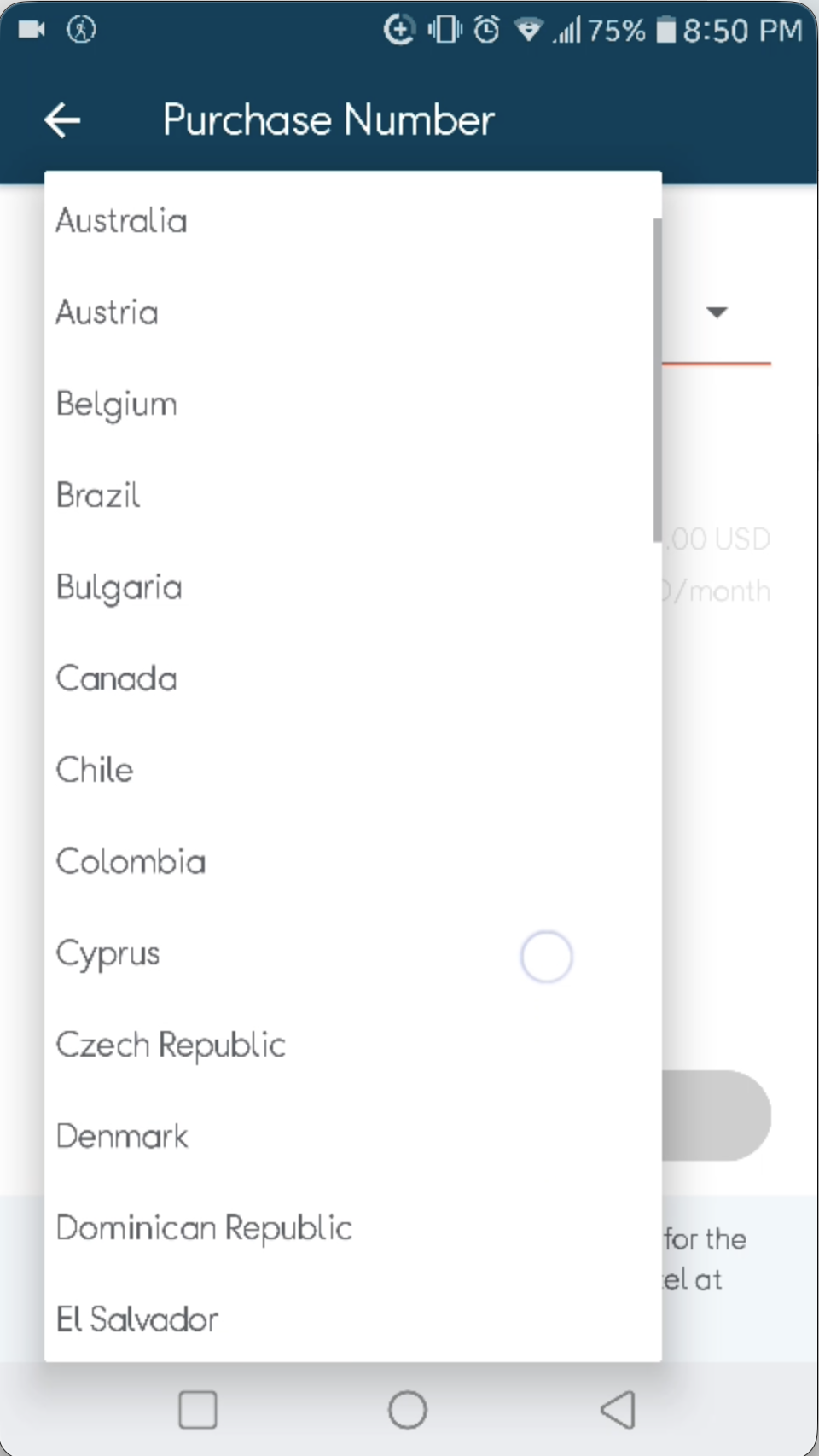 The country list for buying a number