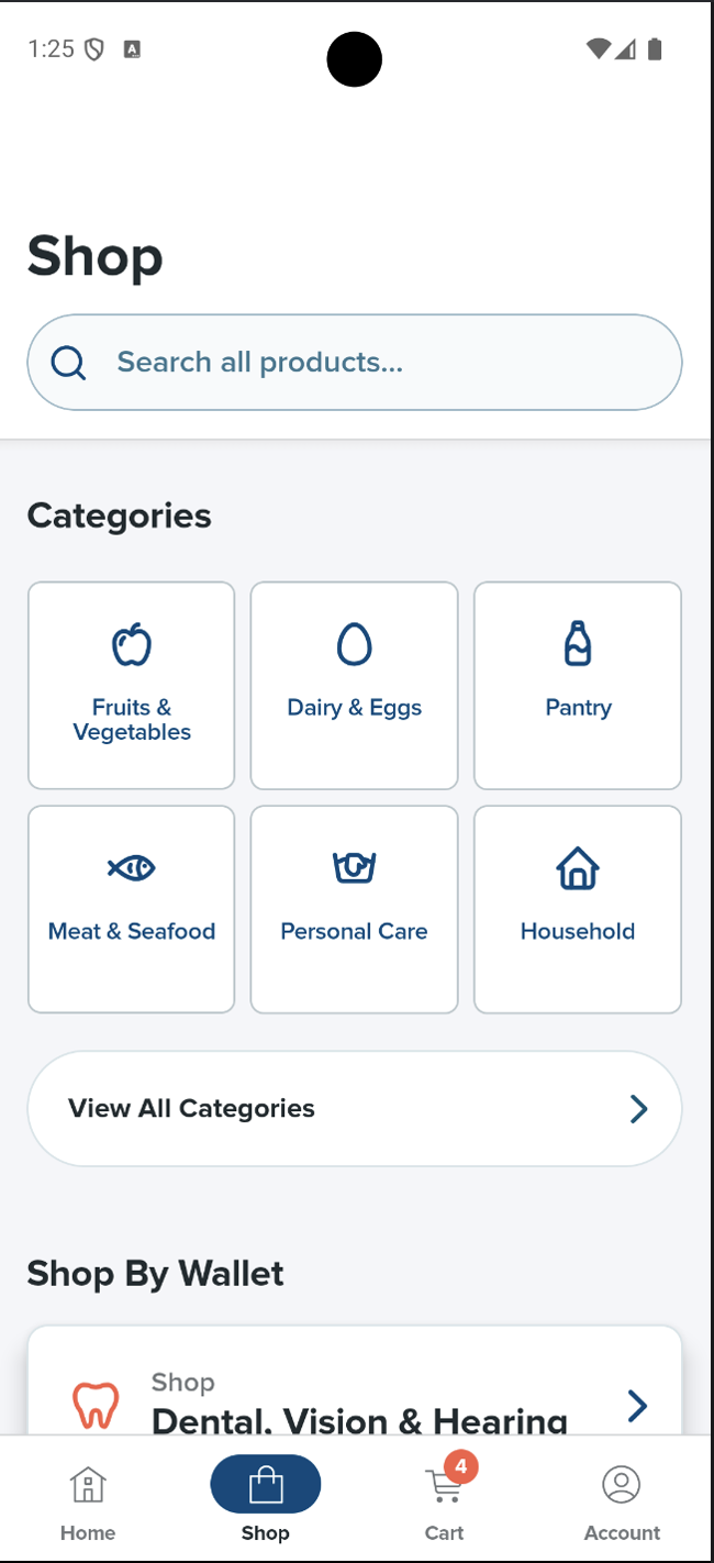 The Shop tab with product search, categories and shop by wallet