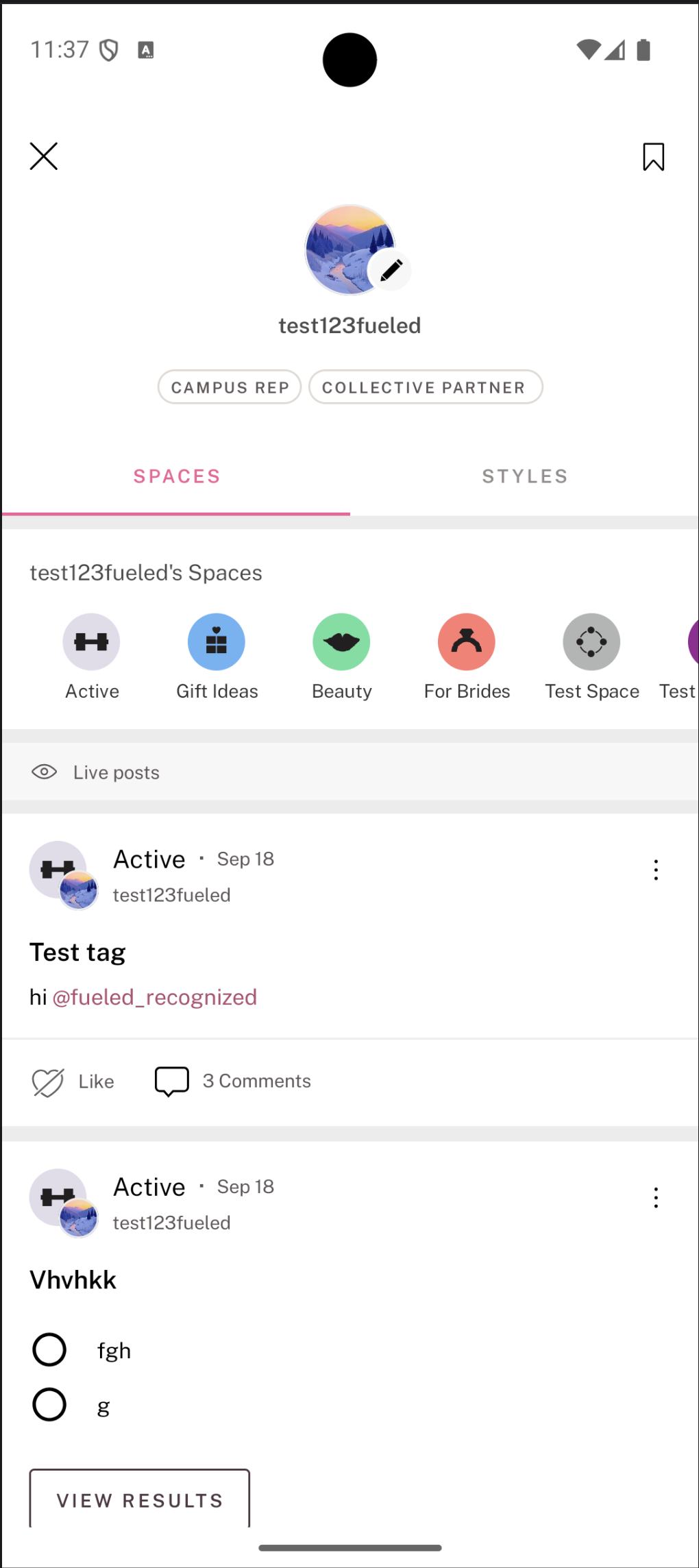 A member profile with joined spaces and badges